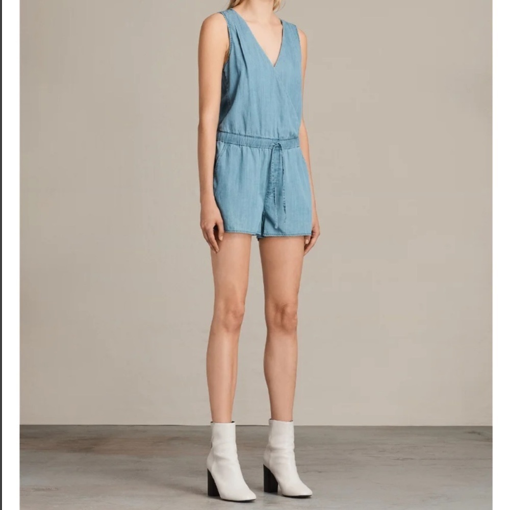 Allsaints Penny Playsuit Denim Color Surplice V-neck Romper size 6 - Picture 2 of 16